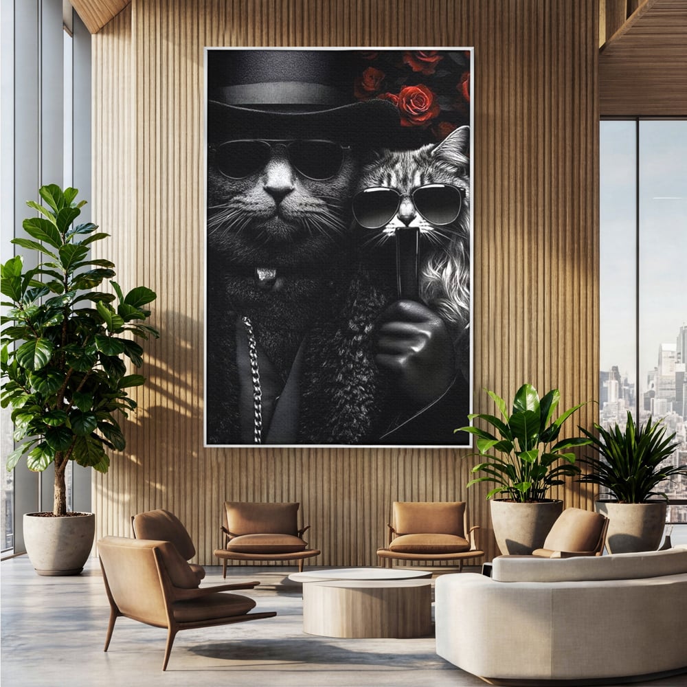 Tablou canvas cu tablou canvas cu pisici gangster in ochelari, in rama de aluminiu argintiu, pe perete intr-un birou